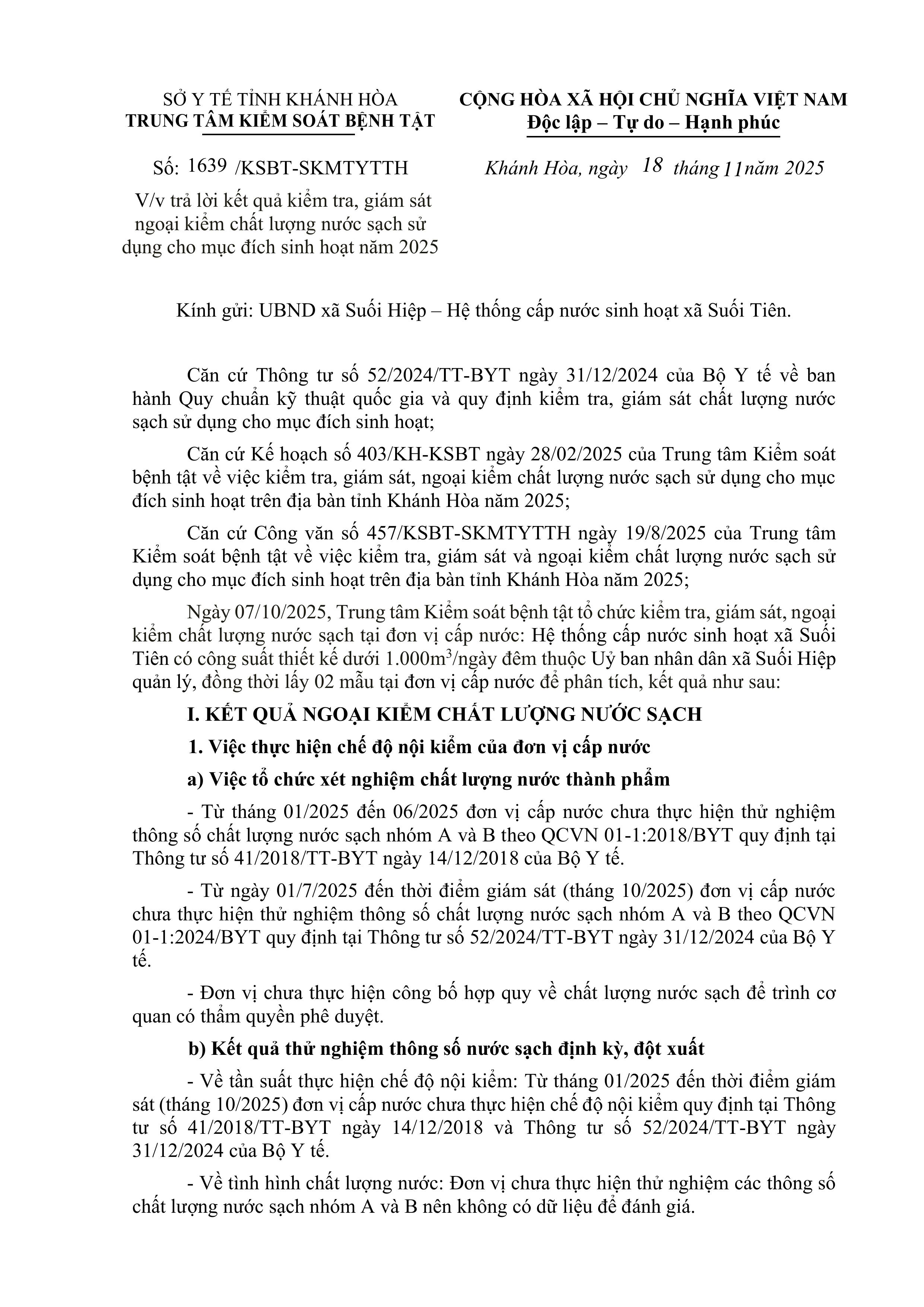 V/v trả lời kết quả kiểm tra, giám sát ngoại kiểm chất lượng nước sạch sử dụng cho mục đích sinh hoạt năm 2025